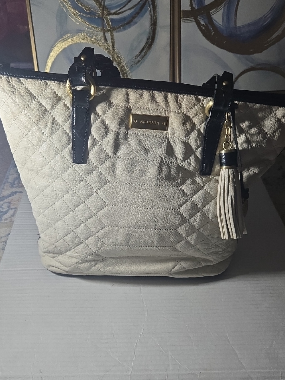 Brahmin Cream Quilted  Leather Tote Bag